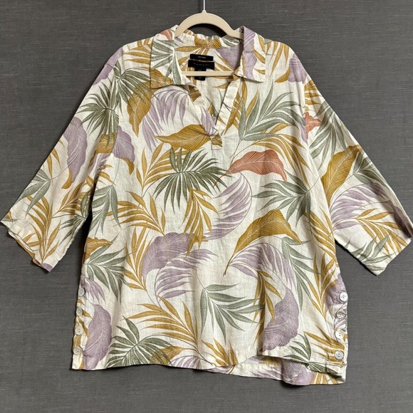 Tahari Top 2X Linen Tropical Hawaiian Beachy Lightweight Coastal Popover Classic - Picture 1 of 7